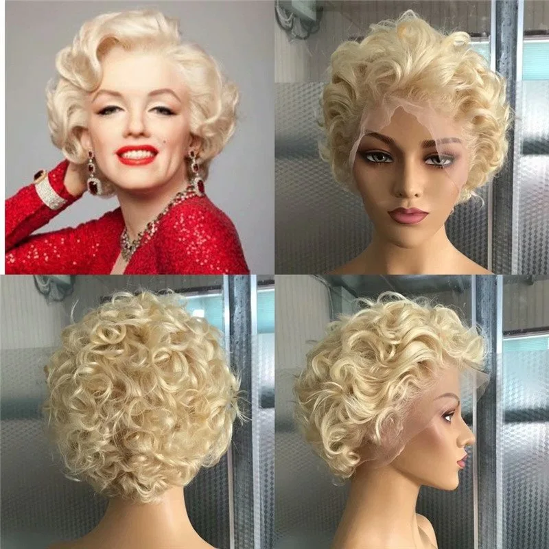 Eseewigs Brazilian pixie 613 Blonde 13x4 Lace Front Wigs Curly Jewish Remy Human Hair Full Lace Natural Hairline 150 Density 10"