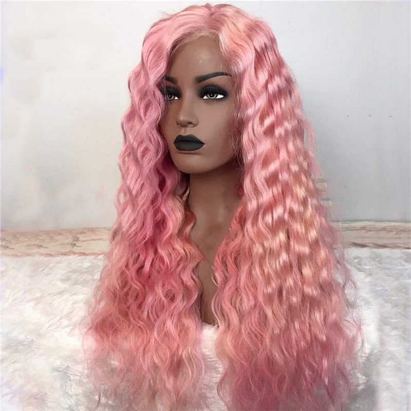Pink Wave Curly Brazilian Wavy Human Hair Lace Front Wig Long Deep Curly Wigs For Women