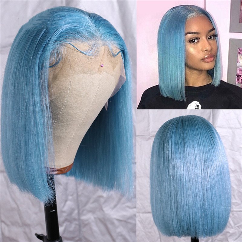 Light Blue Short Bob Wig Brazilian Lace Front Wig Preplucked Short Human Hair Bob Wigs For Black Women