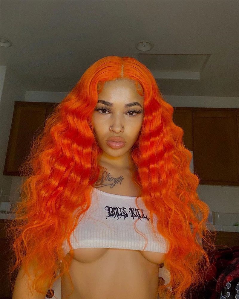 Orange Deep Wave Wig Wavy Lace Front 13x4 T Part LaceHuman Hair Wigs With Baby Hair