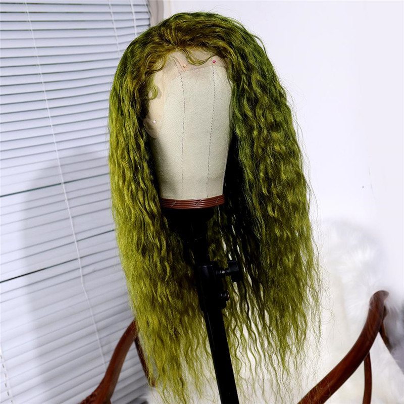Dark Green Deep Curly Wave Brazilian Human Hair Lace Front Wig Long Deep Curly Wigs for Women