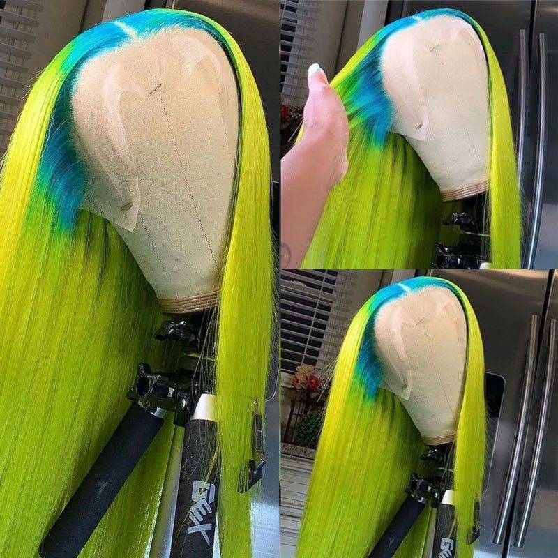 Ombre Blue Roots Green Colored Human Hair Wigs For Women Brazilian Remy Human Hair Pre Plucked Straight Lace Front Wig