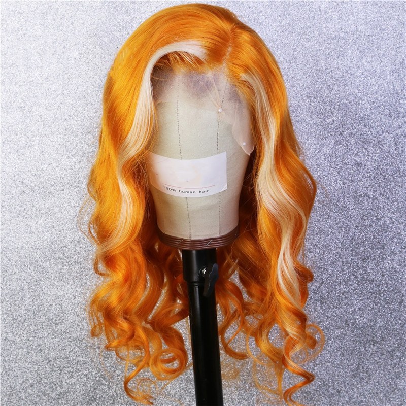 Orange Body Wave Hair With Blonde Highlight Wig Brazilian Virgin Lace Front Wigs Pre Plucked