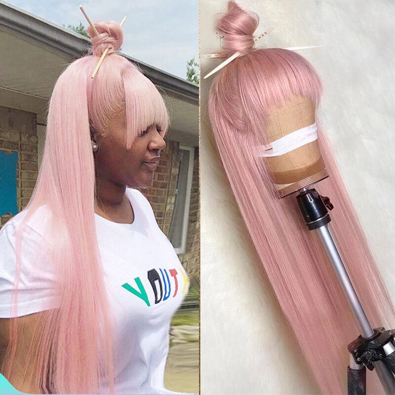 Pink Human Hair Wig Straight Lace Front Wig With Baby Hair Brazilian Remy Transparent Lace Wigs For Women