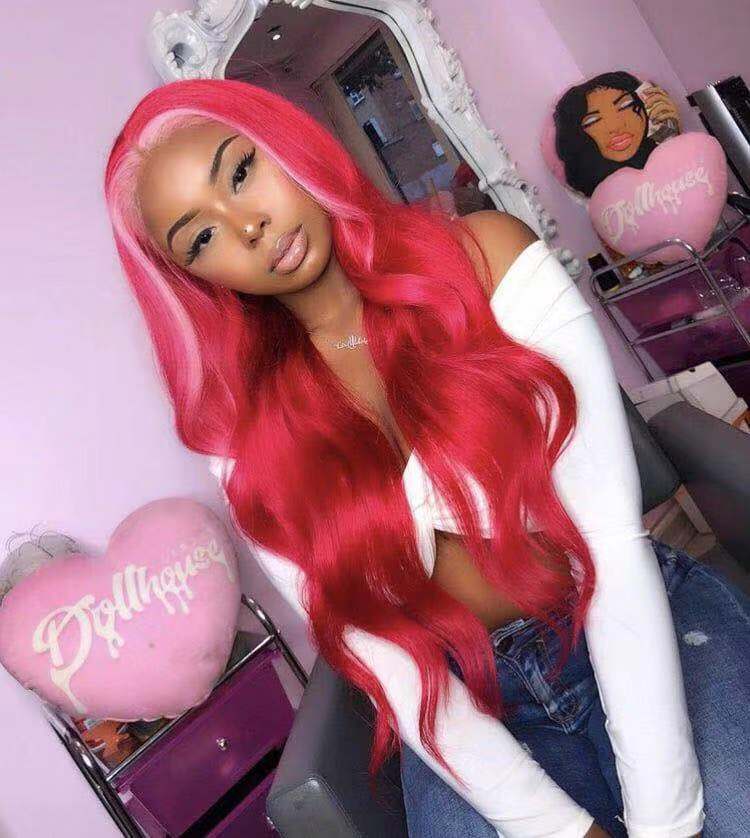 Red Human Virgin Hair Pre Plucked Lace Front Wig