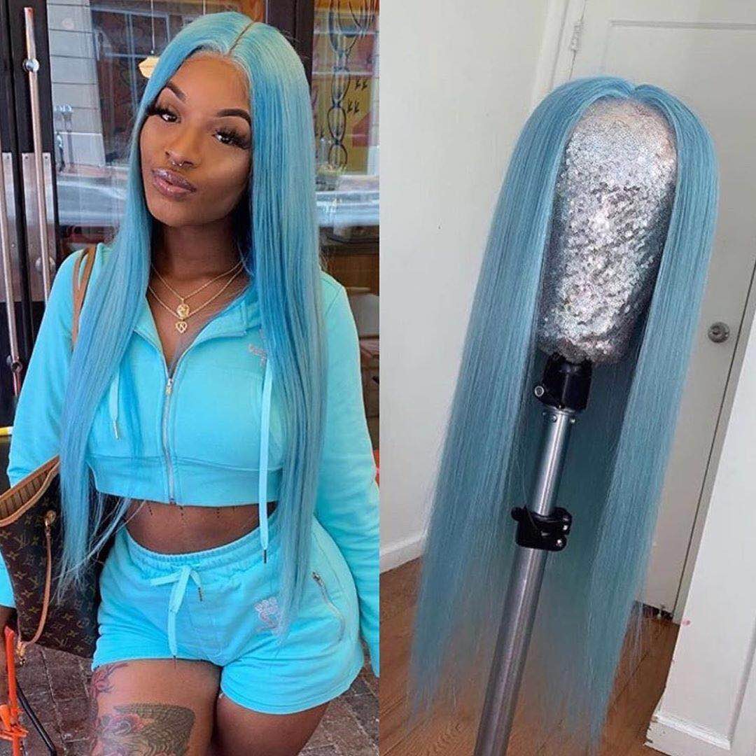 Light Blue Color Human Virgin Hair Pre Plucked Lace Front Wig For Black Woman