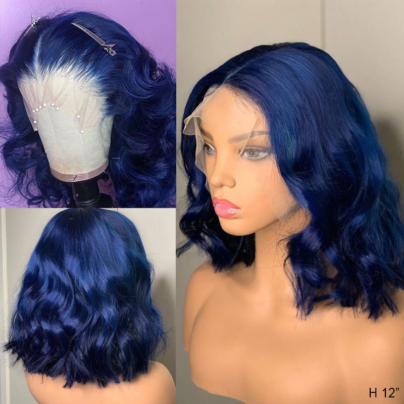 Dark Blue Wave Short Bob Wig Human Hair Lace Front 13x4 T Part LaceHuman Hair Wig For Women Pre Plucked Hairline