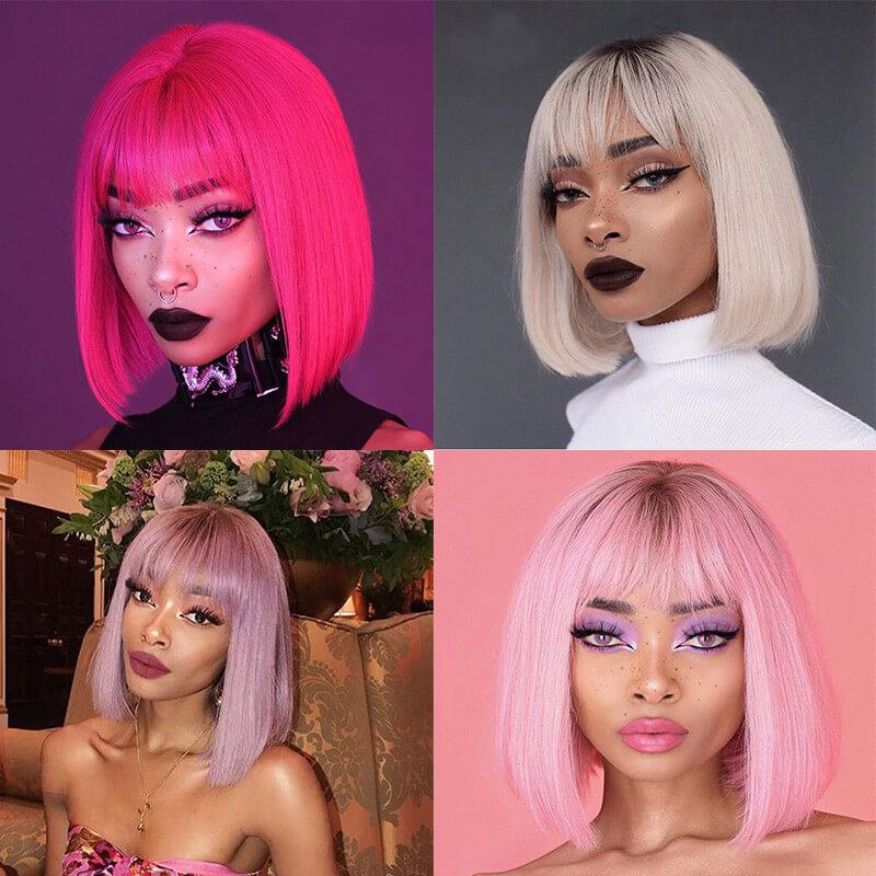 Lace Front Human Hair Wigs With Bangs Brazilian Remy Glueless Ombre Pink Short Bob Wigs For Black Women