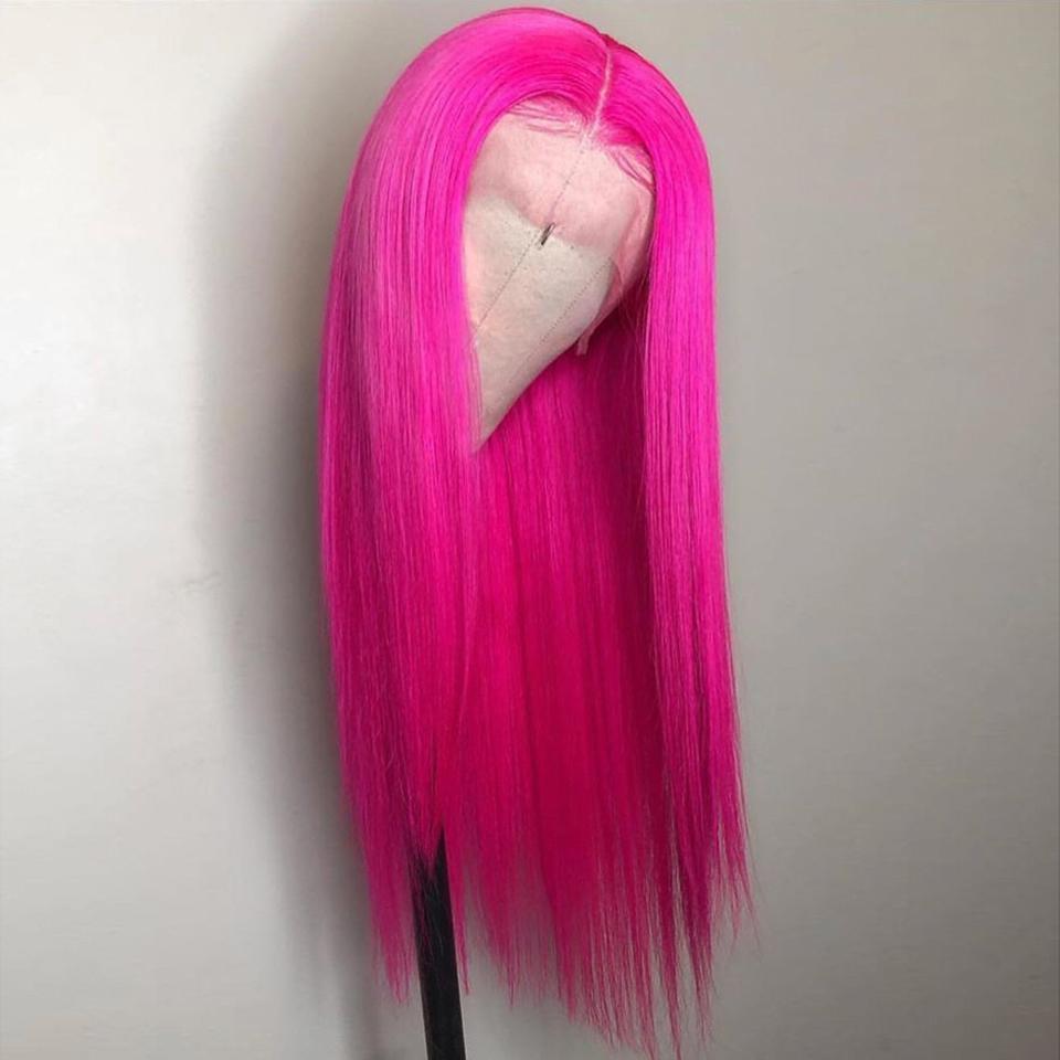 Dark Pink Long Straight Lace Front 13x4 T Part LaceGlueless Rose Pink Wig Pre-Pluck Hairline Virgin Human Hair