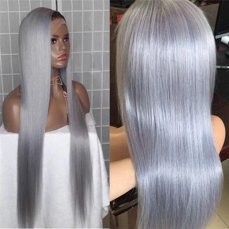 Sliver Grey Long Straight Wig Human Hair with Baby Hair Lace Front Wig for Women