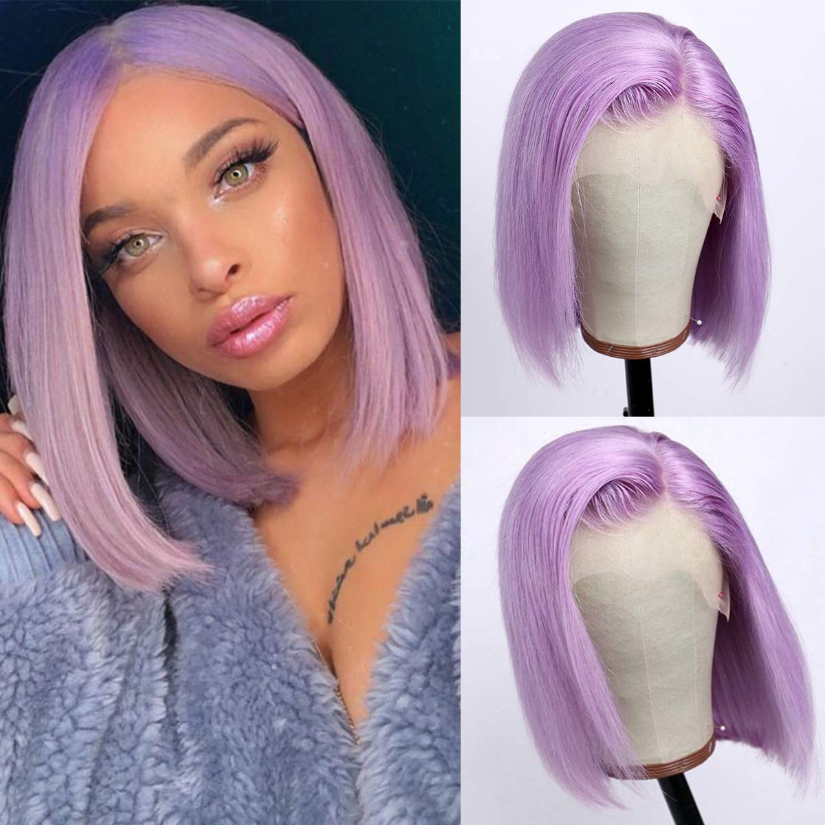 Purple Lavender Bob Human Hair Wig Deep Part Lace Front Wigs Pre Plucked Full End Brazilian Straight Bob Wigs