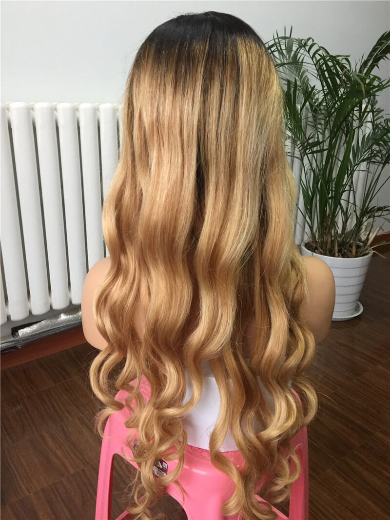 Human Virgin Hair 4 T 27 Ombre Honey Blonde Color Pre Plucked Lace Front Wig For Black Woman