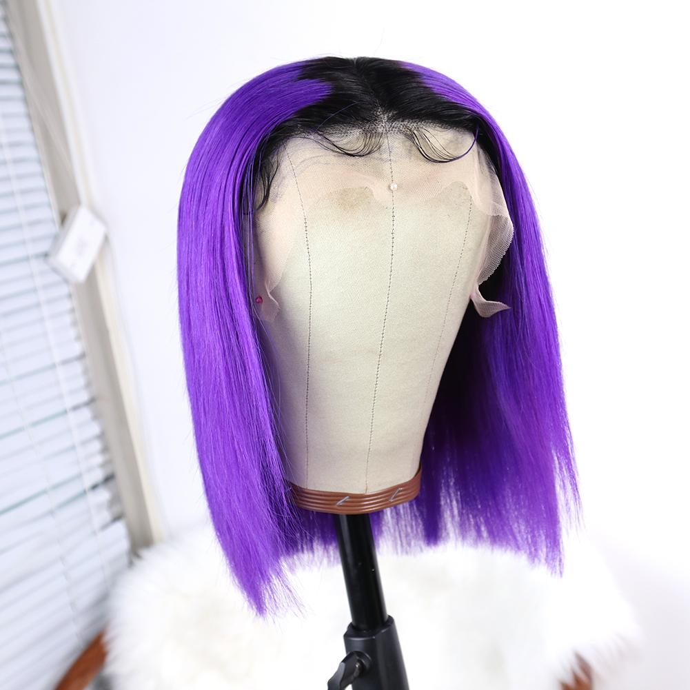 1B Dark Purple Short Bob Wig of Brazilian Human Hair with Baby Hair Ombre Black Roots Lace Front Wig for Women