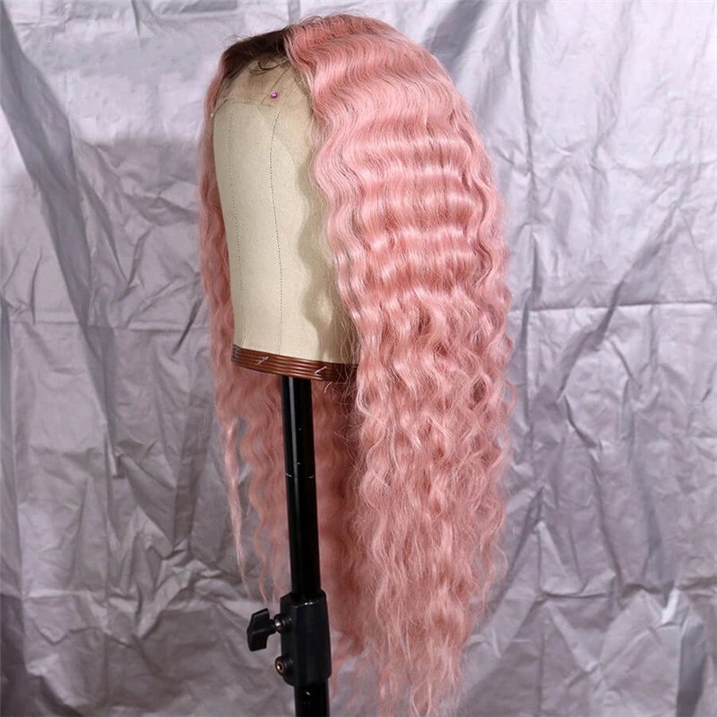 Ombre Pink Deep Curly Wave With Brown Roots Lace Front Full Lace Virgin Human Hair Wig