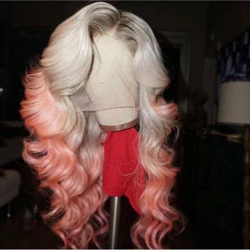 Gradient Pink Wig Human Virgin Hair Pre Plucked Lace Front Wig  For Woman