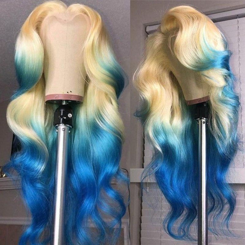 Ombre Blonde Lace Front Wig Human Hair Body Wave Wig Brazilian Remy Blonde Blue Colored Human Hair Wigs For Women Pre Plucked