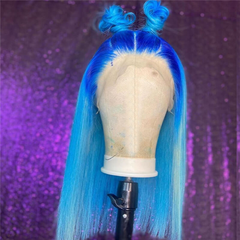 150% Density Bob Lace Front Wigs Blue Ombre Colored Straight Human Hair Wig 13x4 Lace Front Wig Pre Plucked