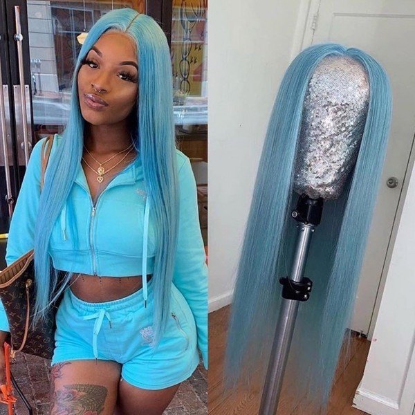 Long Straight Light Blue Straight Lace Front Wig Pre-Pluck Hairline Brazilian Virgin Human Hair Transparent Lace Wigs Long Straight Lace Front Wig Blu