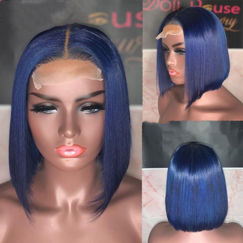 Blue Bob Human Hair Wig Colored Short Bob Wig Dark Blue Straight Bob Lace Front Wigs Lace Front Human Hair Wigs For Women