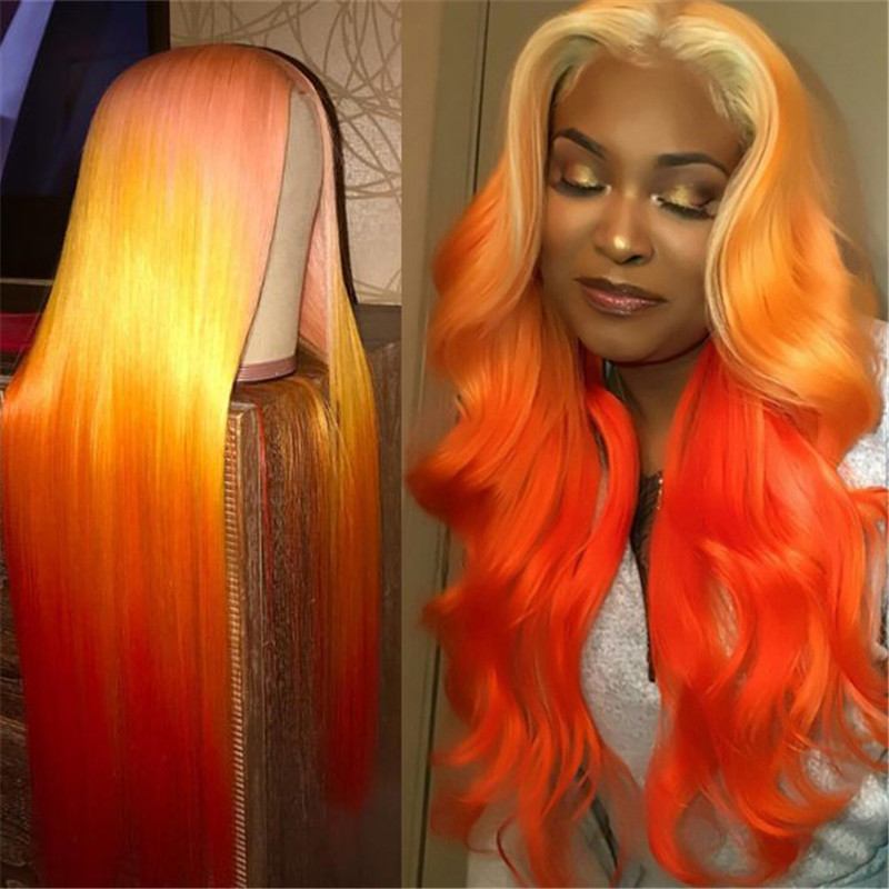 Omber Pink Yellow Orangered Human Virgin Hair Pre Plucked Lace Front Wig For Black Woman