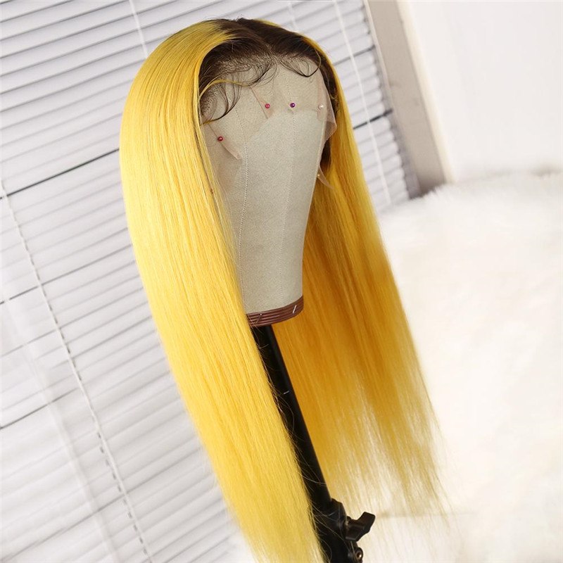 Ombre Yellow Straight Human Hair Wig With Black Roots Wig With Baby Hair Brazilian Remy Lace Wigs