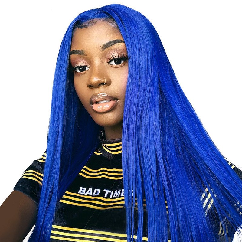 Blue Straight Wig Human Hair Remy Brazilian Part Lace Wig Blue Colored Wigs Transparent Lace Front Human Hair Wigs Pre Plucked