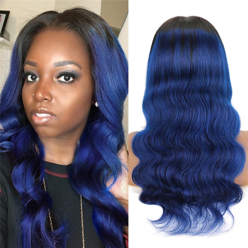 Ombre Dark Blue Wig Human Hair Wigs For Women Blue Color Dark RootsBrazilian Human Hair Body Wave Lace Wig