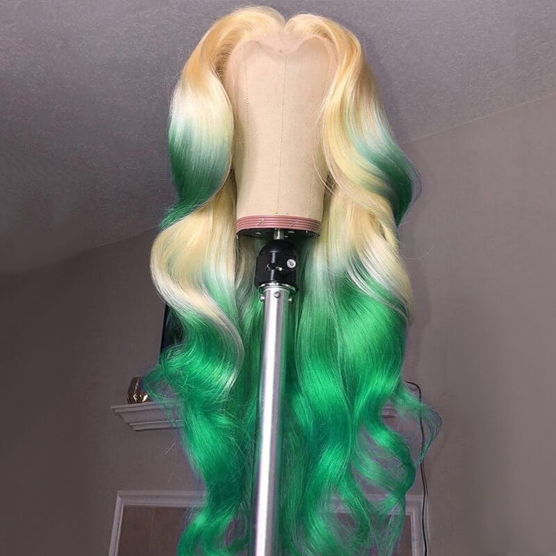 Ombre Colored Human Hair Wigs For Women Blonde Lace Front Wig Human Hair Body Wave Wig Brazilian Remy Green Colored Wigs