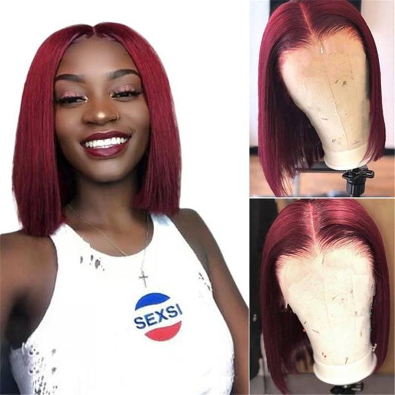 Short Bob 1B 99J Ombre Straight Human Hair Lace Front13x4x1 T Part Lace wigs Virgin Remy Hair With Baby Hair