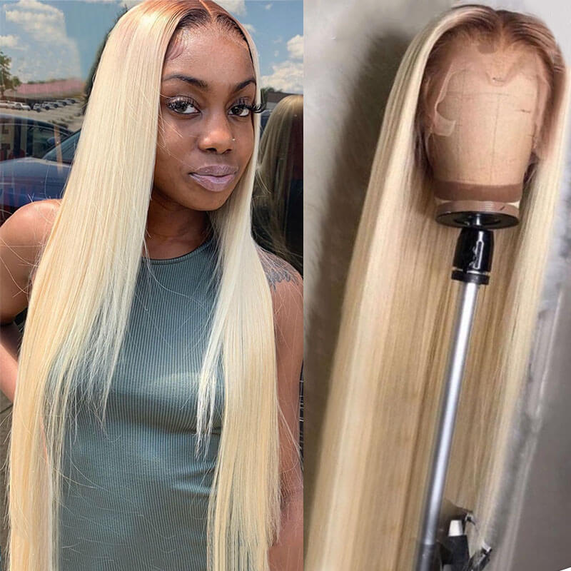 T4 613 Straight Human Hair Wigs For Women Ombre Blonde Lace Front Wig Remy Brazilian Transparent Lace Wigs Pre Plucked