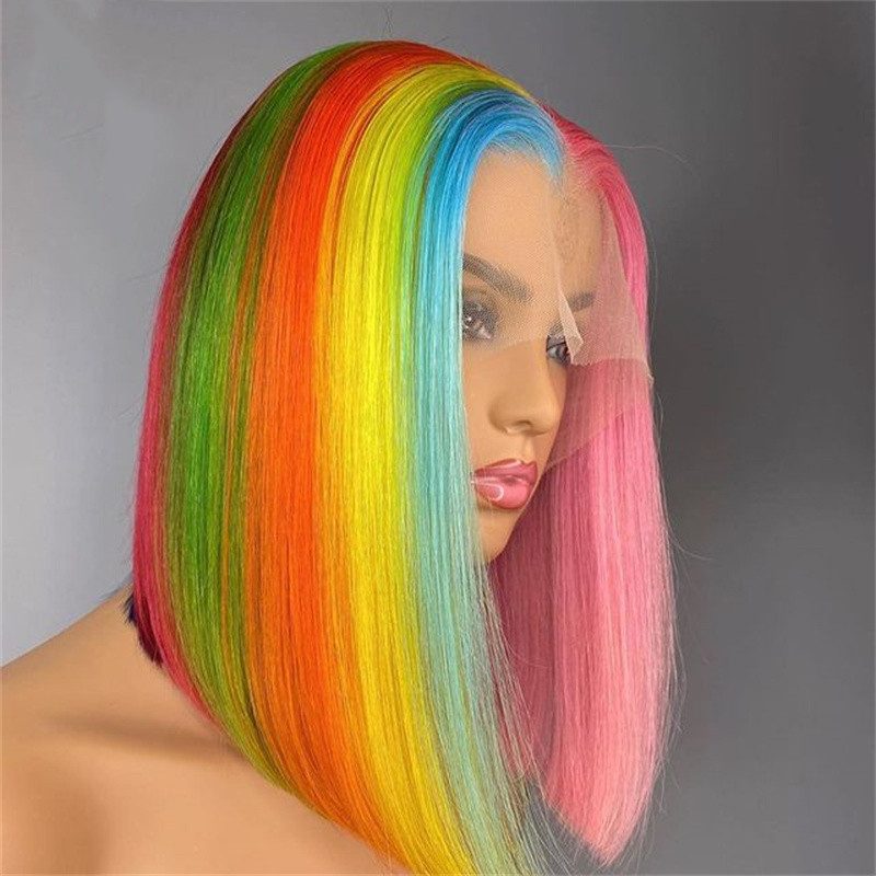 Blue Green Red Colored Rainbow Highlight Wig Human Hair Pre Plucked Pink Bob Wig Straight Lace Front Human Hair Wigs For Women