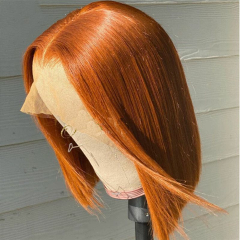Orange Ginger Blunt Cut Summer Human Hair Lace Front Wigs Blunt Bob Cut Orange Preplucked Lace Frontal Wigs