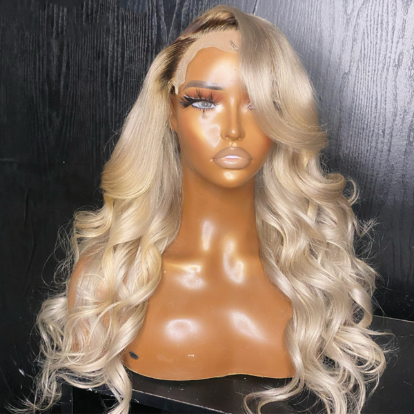 Peruvian Hair Ash Blonde Dark Brown Root Lace Front Wig