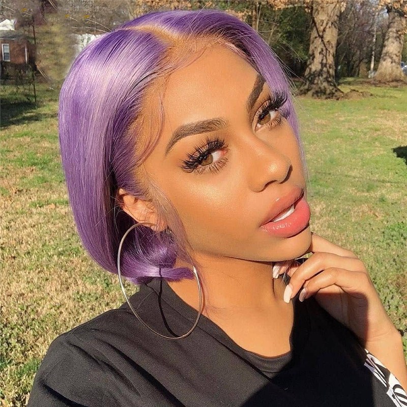 Short Bob Wig Purple Colored Human Hair Wigs For Women Brazilian Remy Purple Lace Front Wig Pre Plucked Transparent Lace Wigs