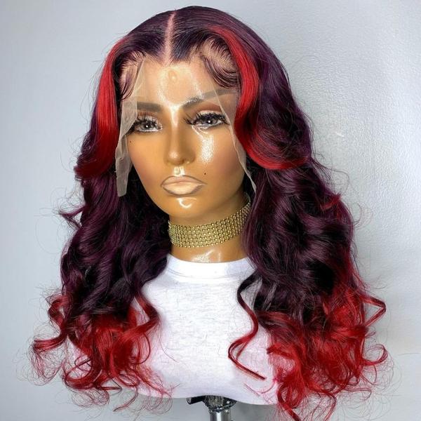 Peruvian Hair Red Ombre Color Highlight Style Lace Front Wig