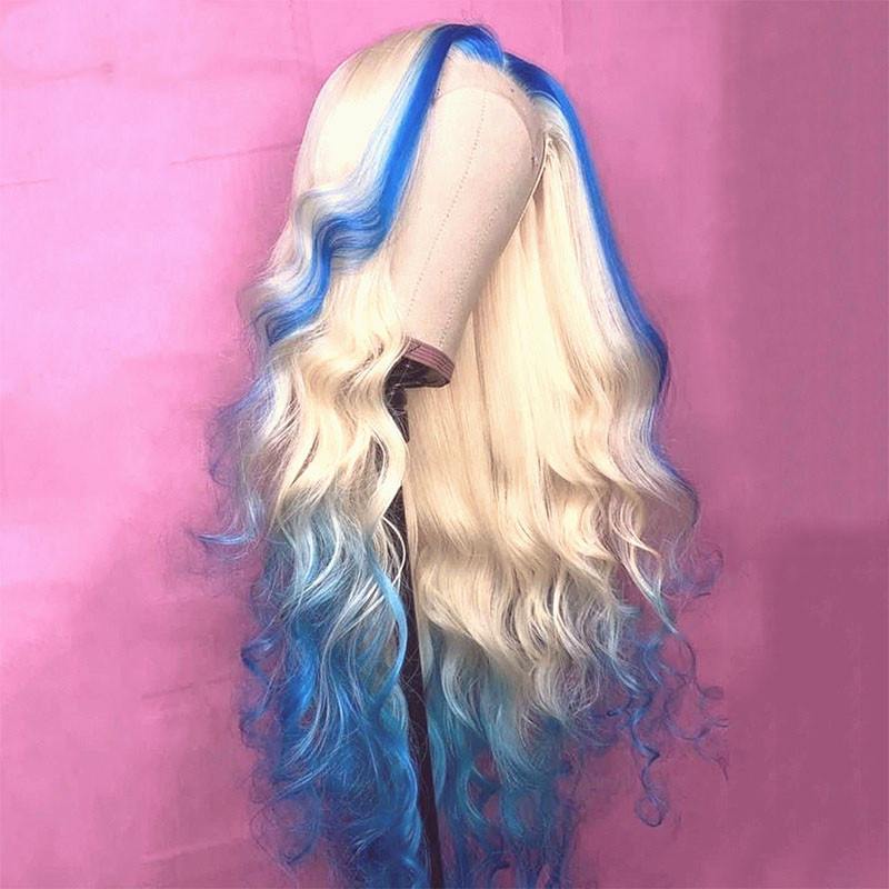 Highlight Grey Pink Wig Body Wave Ombre Colored Human Hair Wigs For Women Brazilian Remy Blonde Blue Wig Transparent Lace Wigs