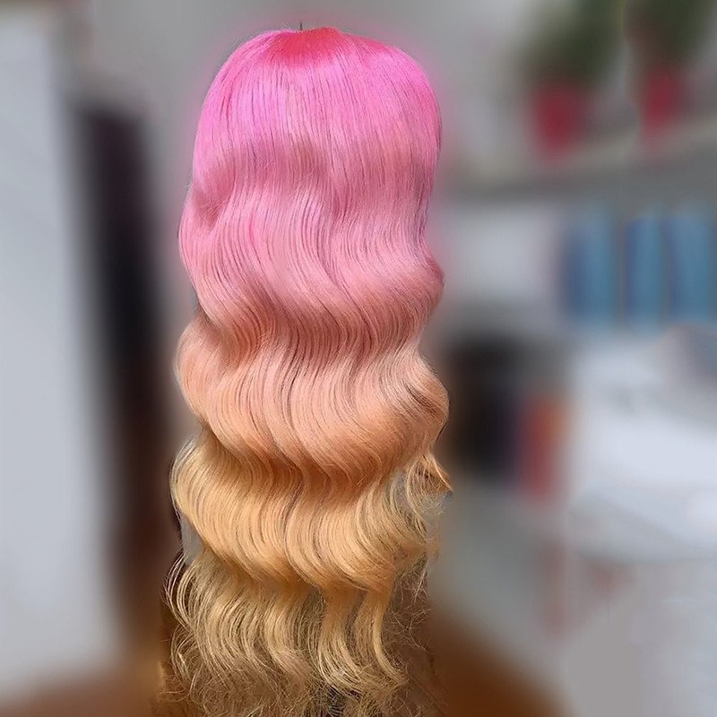 Pink Wig Body Wave Brazilian Remy Ombre Orange Colored Human Hair Wigs For Women Straight Lace Front Wig Transparent Lace Wigs