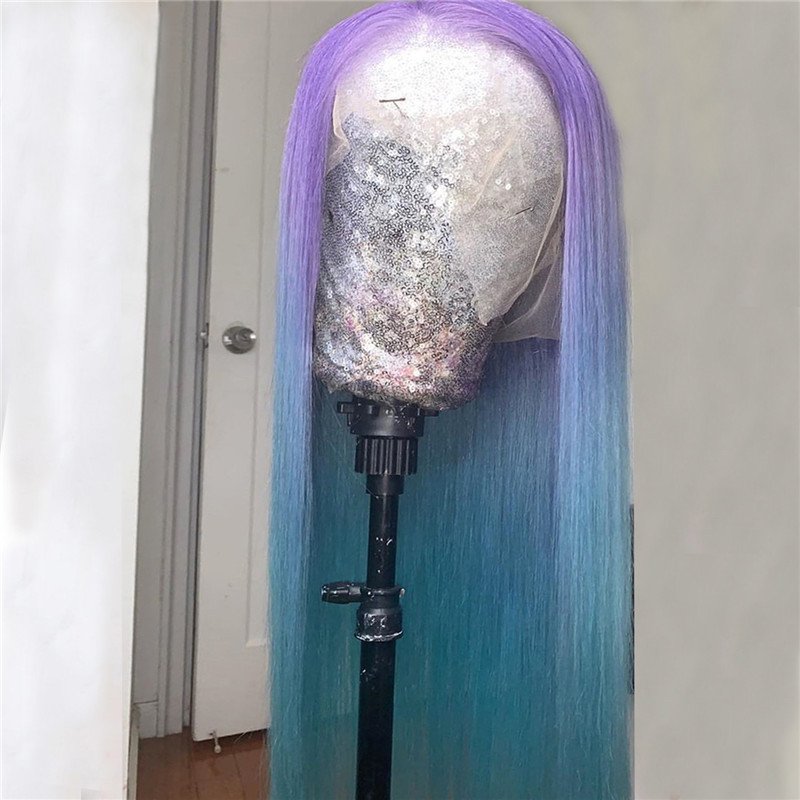 Blue Short Lace Front Human Hair Wigs Brazilian Straight Remy Ombre Bob Wig Ombre Blue Colored Lace Front Wigs