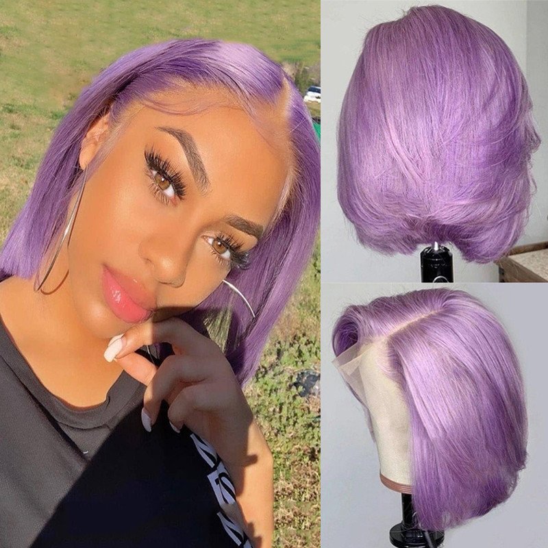 Short Bob Wig Purple Colored Human Hair Wigs For Women Brazilian Remy Purple Lace Front Wig Pre Plucked Transparent Lace Wigs