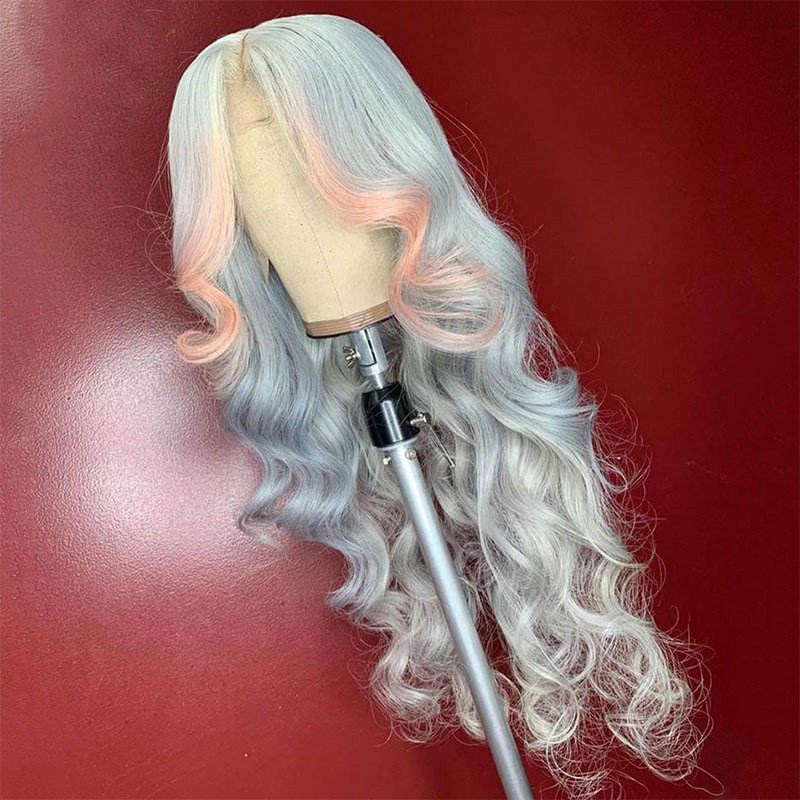 Highlight Grey Pink Wig Body Wave Ombre Colored Human Hair Wigs For Women Brazilian Remy Blonde Blue Wig Transparent Lace Wigs