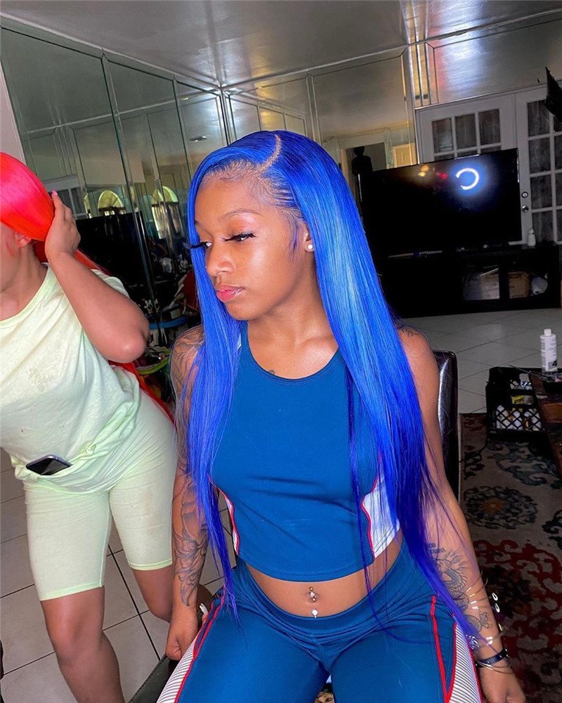 Blue Lace Front Wigs Brazilian Remy Human Hair Glueless Pre Plucked