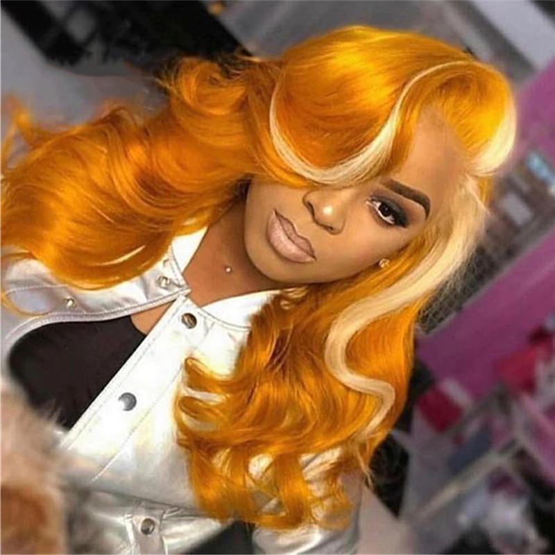 Orange Body Wave Hair With Blonde Highlight Wig Brazilian Virgin Lace Front Wigs Pre Plucked