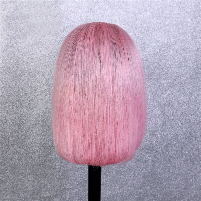 Lace Front Human Hair Wigs With Bangs Brazilian Remy Glueless Ombre Pink Short Bob Wigs For Black Women