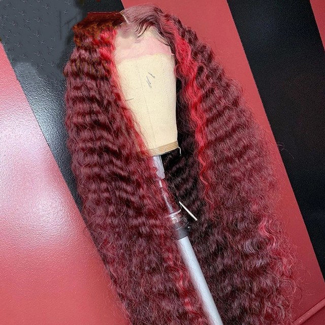 Red Highlights Deep Curly Wig Lace Front Red Ombre Human Hair Wig PrePlucked