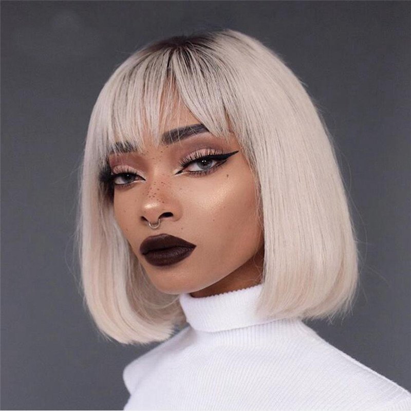 Brazilian Remy Glueless Ombre Grey Short Bob Wigs For Black Women Lace Front Human Hair Wigs With Bangs