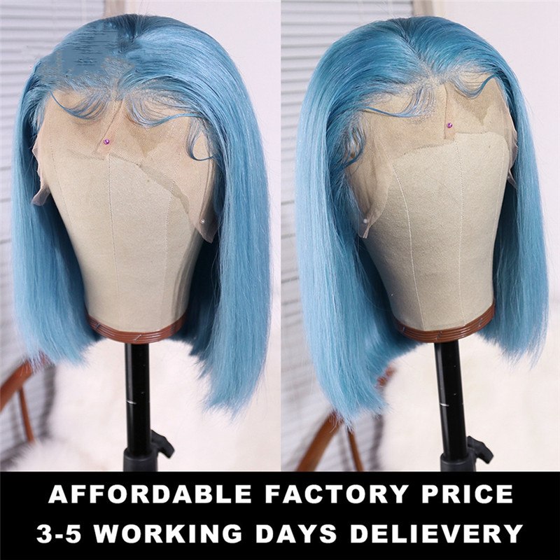 Light Blue Short Bob Wig Brazilian Lace Front Wig Preplucked Short Human Hair Bob Wigs For Black Women