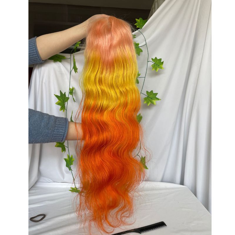 Omber Pink Yellow Orangered Human Virgin Hair Pre Plucked Lace Front Wig For Black Woman