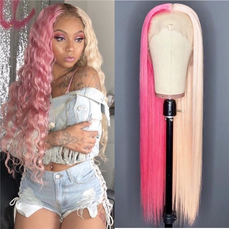 Pink Human Virgin Hair Pre Plucked Ombre Lace Front Wig And 13x4x1 T Part Lace Wig For Black Woman-001eb6