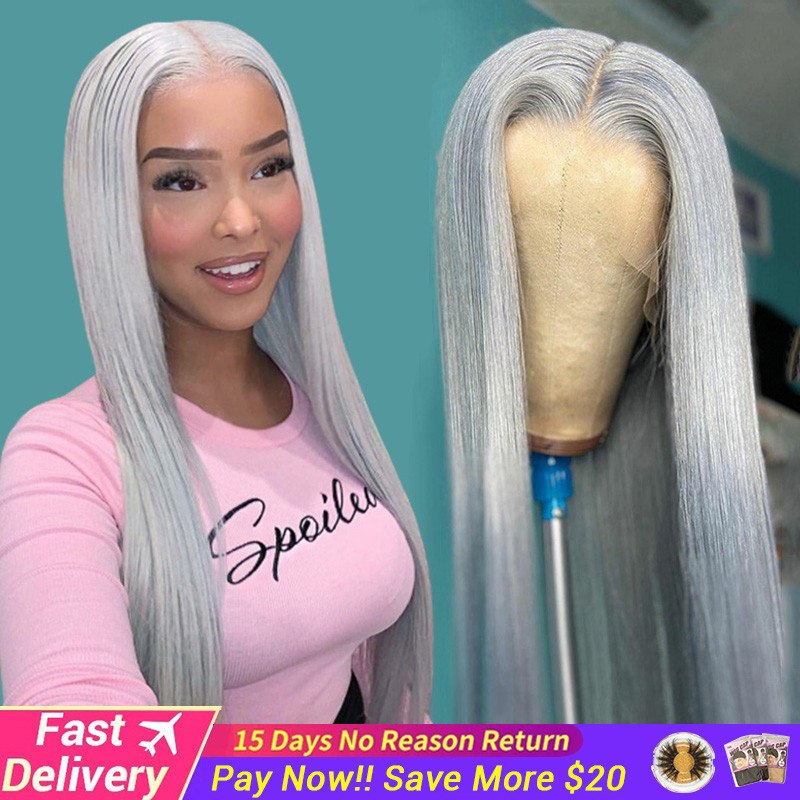 Grey Human Hair Wig Straight Lace Front Wig Brazilian Remy Transparent Lace Wigs Bob Grey Colored Human Hair Wigs For Women