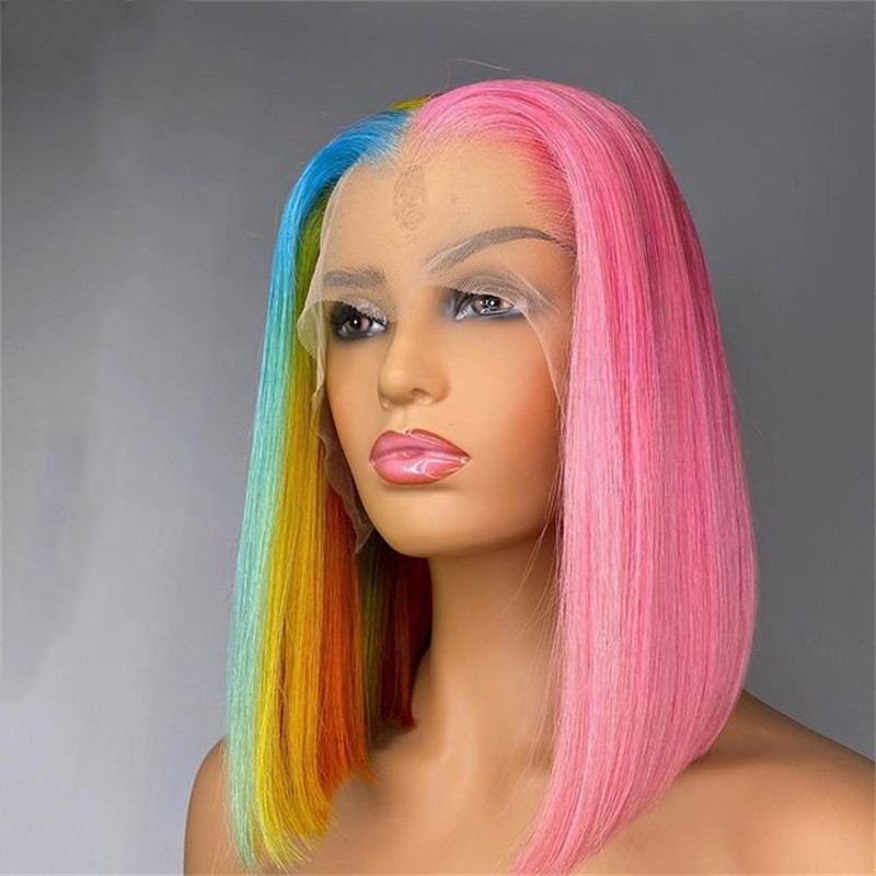 Blue Green Red Colored Rainbow Highlight Wig Human Hair Pre Plucked Pink Bob Wig Straight Lace Front Human Hair Wigs For Women